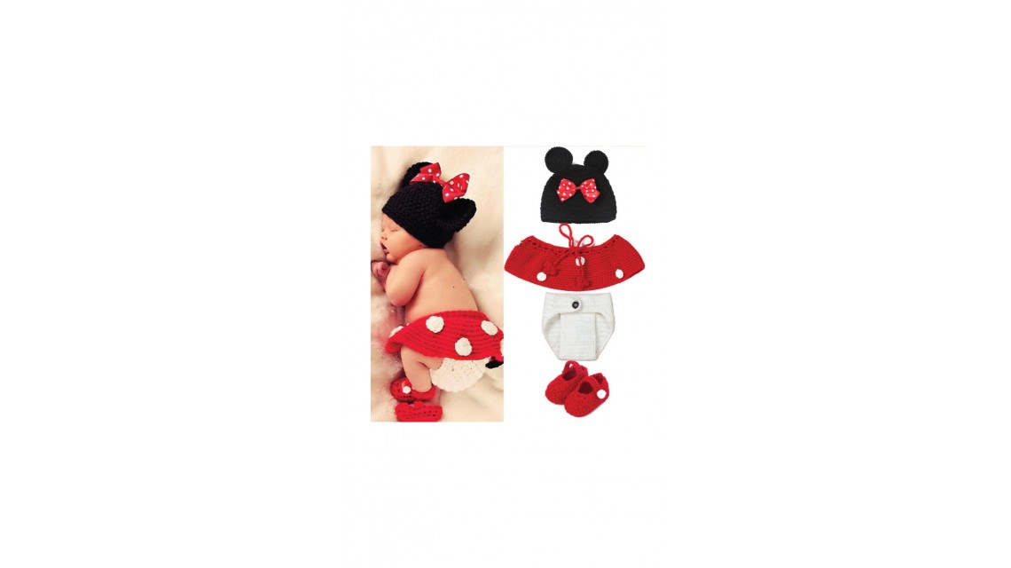 Costum crosetat pentru nou nascuti, rosu, tematica Disney Minnie Mouse "Cute" 3